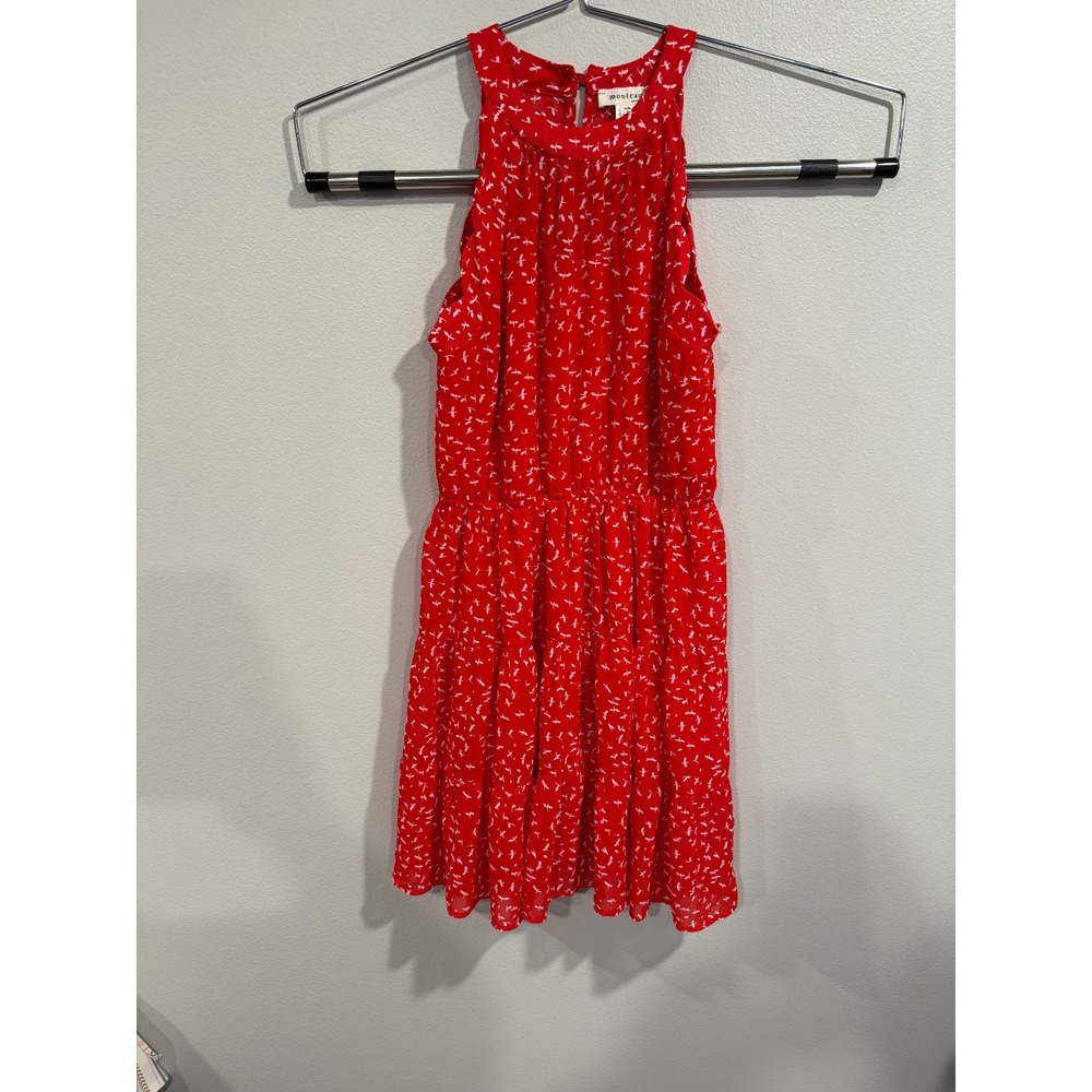 Monteau Dress Women's Medium Red White‎ Birds Print Lined Scalloped Sleeveless